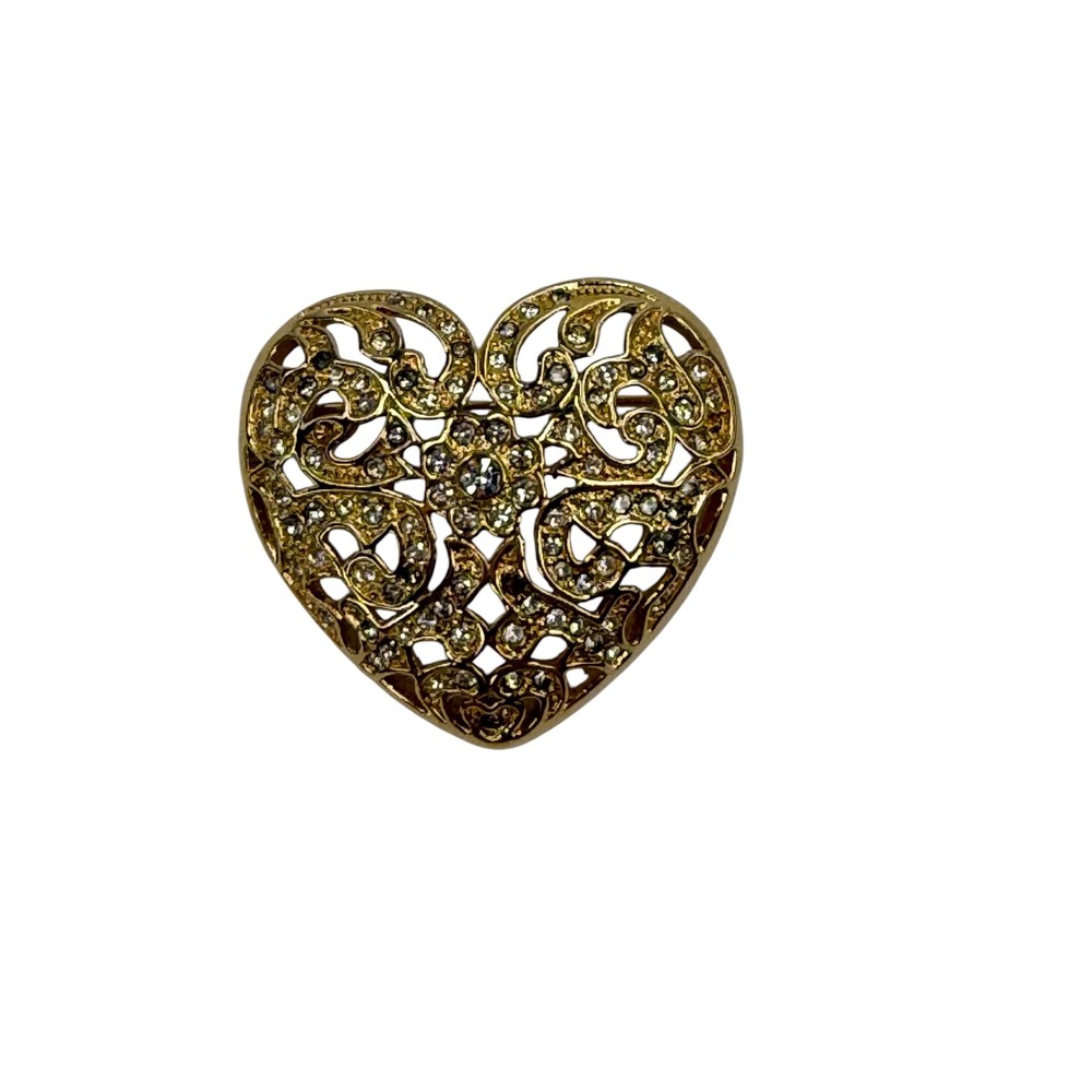 Napier Gold Tone Rhinestone Heart Brooch Filigree Openwork Boho Chic Filigree